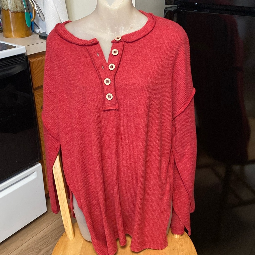 Zenana NWOT fits M-XL Oversized brick red high side slits comfy waffle tunic